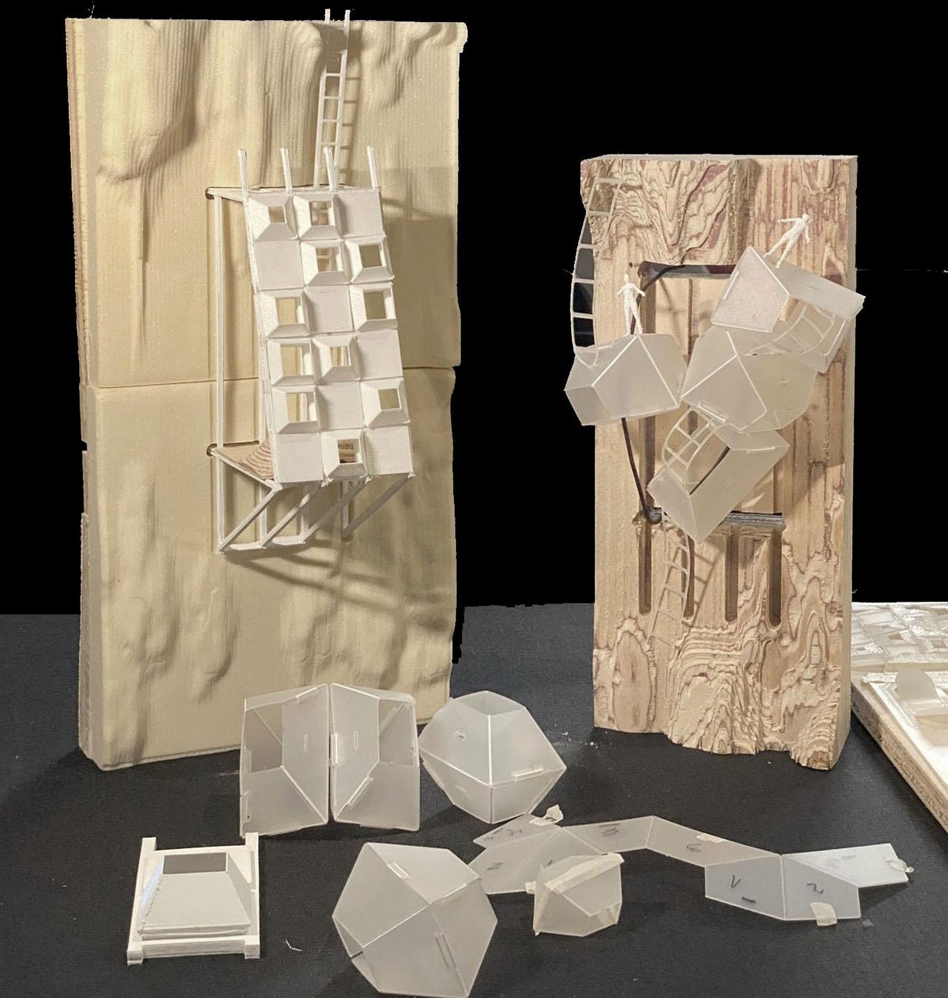 Fabricated digital fabrication prototypes on a table.