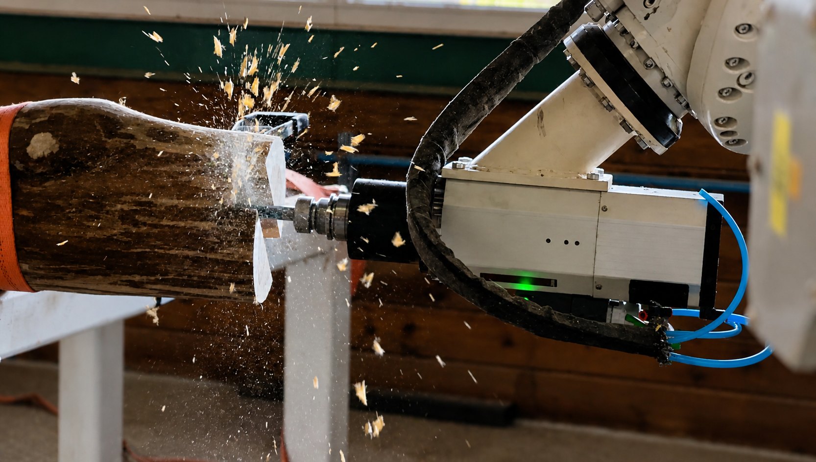 Robot milling a raw timber element during a fabrication workshop.
