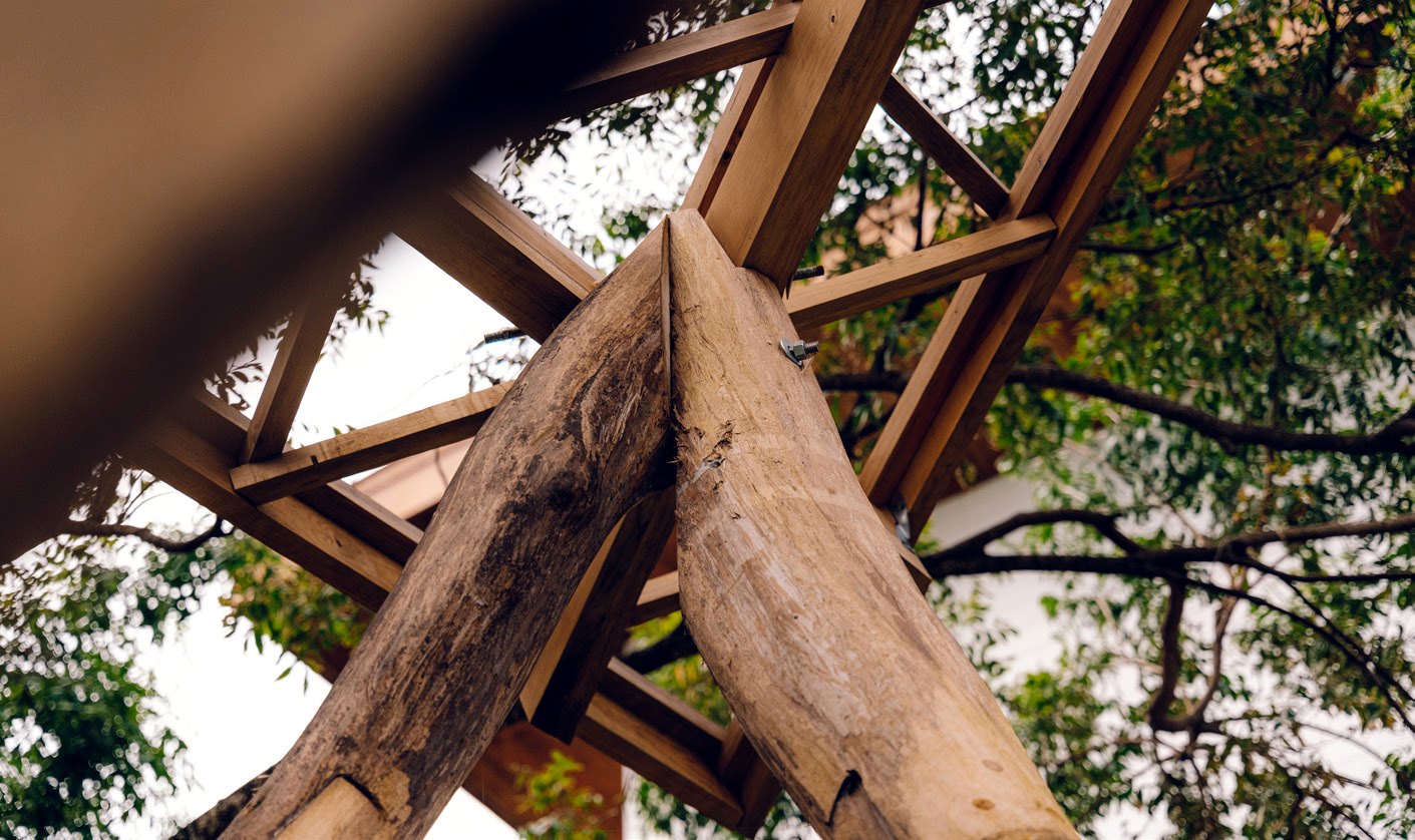 Detail of raw timber joined into a prototype structure.